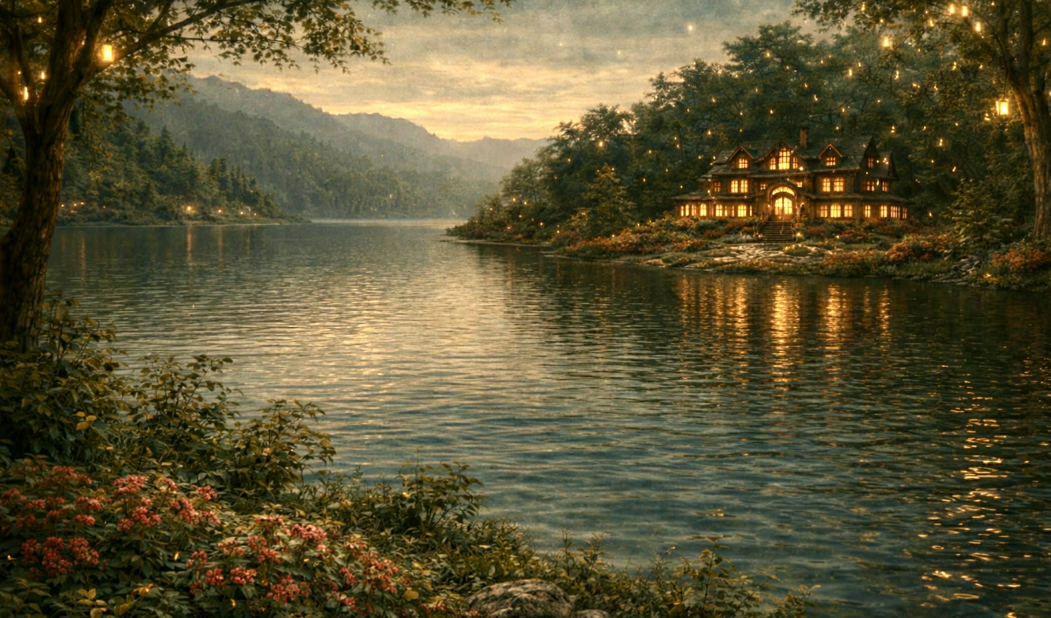 Wyndhaven Mansion seen across the lake at dusk