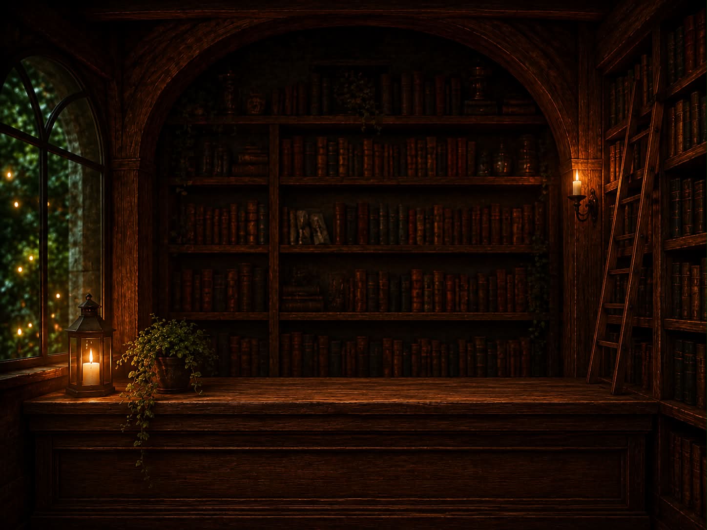 A candlelit library nook at Wyndhaven