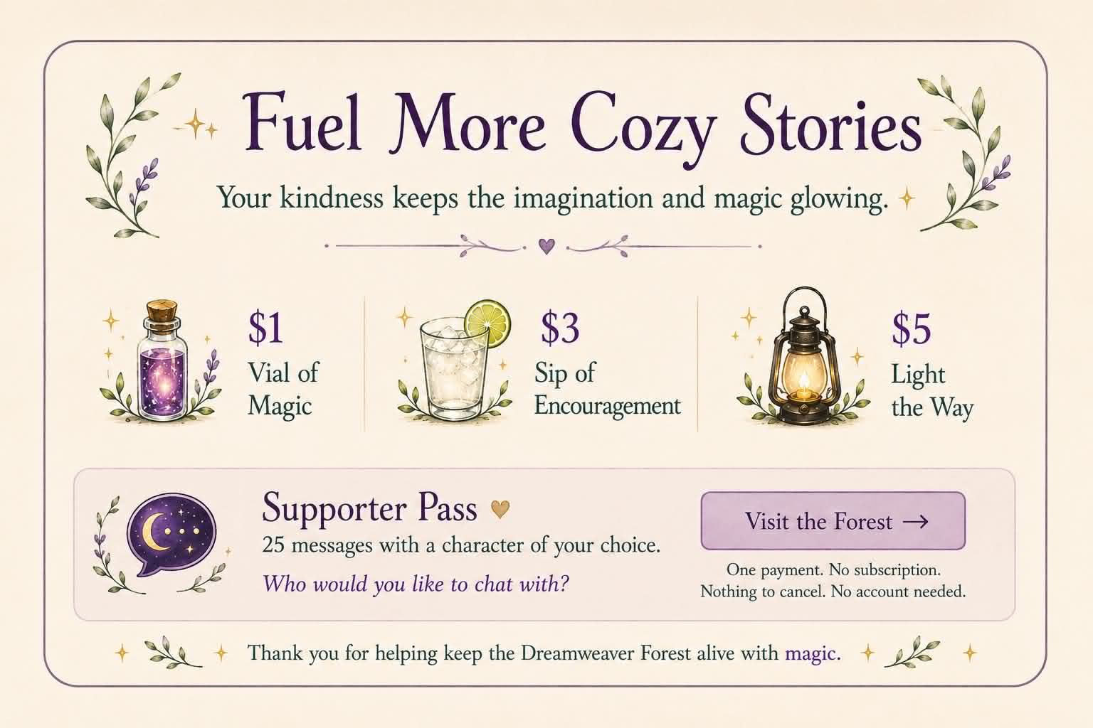 Fuel more cozy stories. Chip in $1 for a Vial of Magic, $3 for a Sip of Encouragement, $5 for a Light the Way, or any amount you like. Every supporter pass is 25 messages with a character of your choice. One payment, no subscription, no account needed.